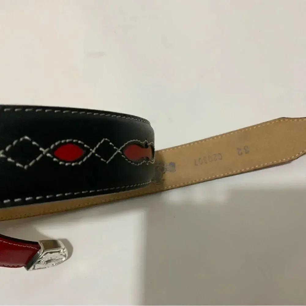 New Justin Black Red white stitches leather Belt unisex Size 32